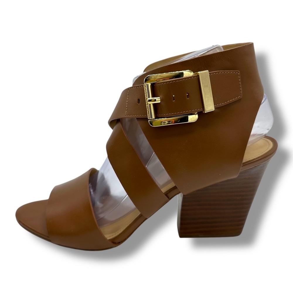 Michael Kors Womens Luggage Tan Leather Adriana Wedge Sandals Gold Buckle Sz 9.5 - Picture 2 of 16